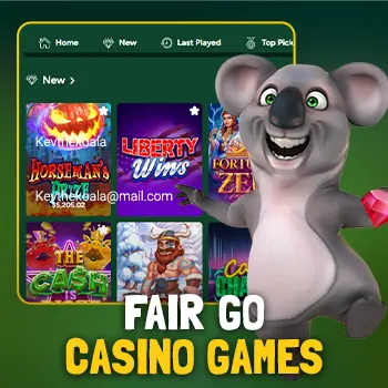 Fair Go Casino games lobby with Kev the koala and a row of pokies